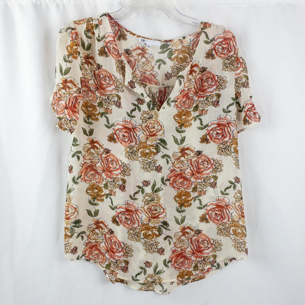 DR2 Floral Rose Beige Pink Sheer Blouse Top Womens Medium